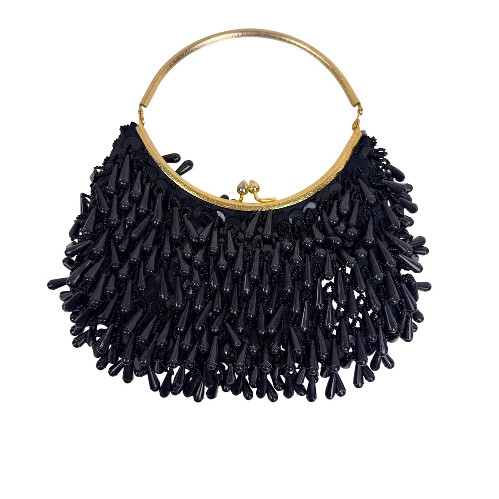 Vintage Black Beaded Evening Bag Gold Frame Kiss Lock‎ Hand Made in Hong Kong